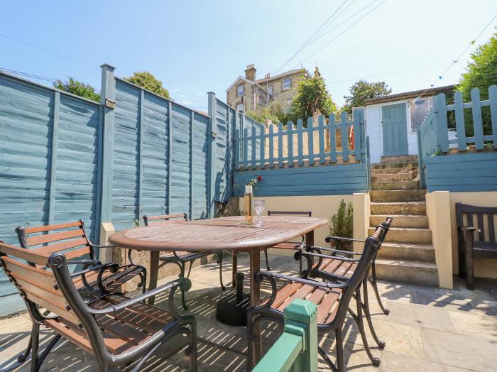 7 Hope Road rests in Shanklin, upon Isle of Wight. Three-bedroom home with sea glimpses. Near beach.