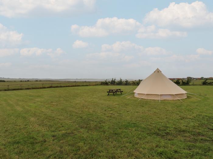Bell Tent 2, Aldeburgh, Suffolk. Set on working farm, pet and child-friendly, decking with barbecue.