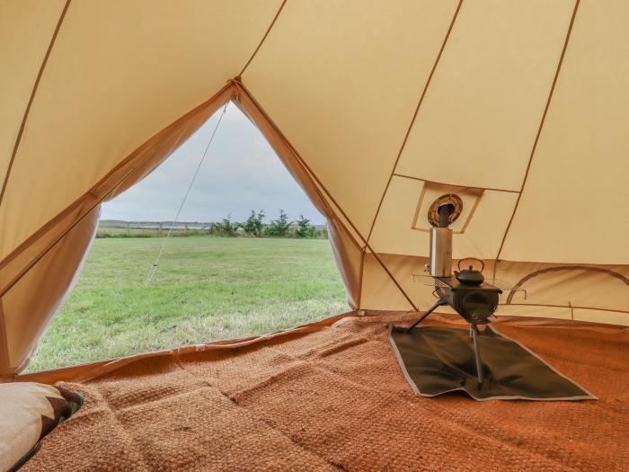 Bell Tent 2, Aldeburgh, Suffolk. Set on working farm, pet and child-friendly, decking with barbecue.