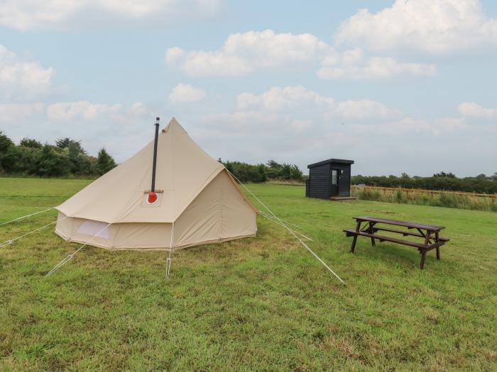 Bell Tent 1, Aldeburgh, Suffolk. Set on working farm, pet and child-friendly, decking with barbecue.