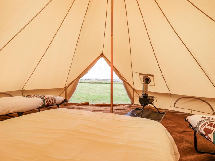 Bell Tent 1, Aldeburgh, Suffolk. Set on working farm, pet and child-friendly, decking with barbecue.