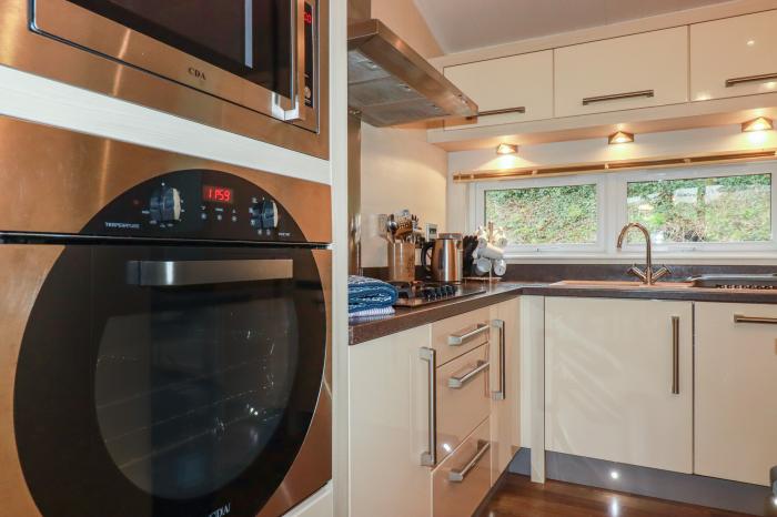 25 Bossiney Bay, near Tintagel, Cornwall. Two-bedroom lodge with rural views and hot tub. Open-plan.